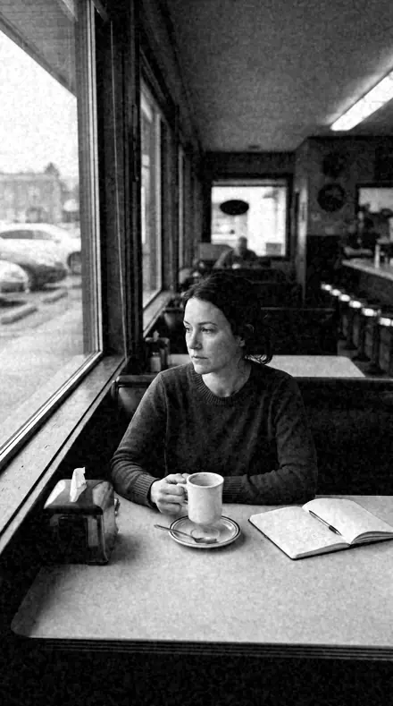 Graded with Film and Darkroom: A booth by the window, on a soft shoulder